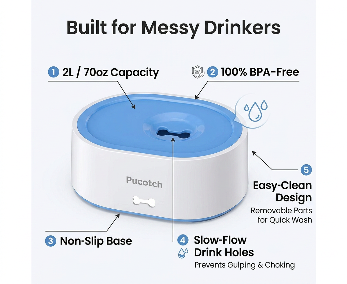 Dog Water Bowl No Spill 2L/70oz Spill Proof Dog Water Bowl Slow Water Feeder for Dogs No Splash Pet Water Bowl Dispenser for Messy Drinkers Vehicle Travel Dog Water BowlBPA Free